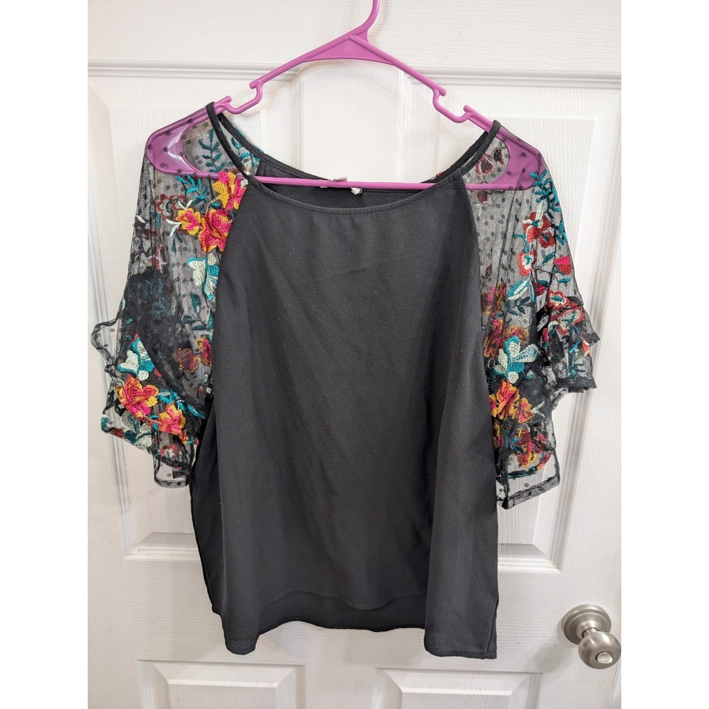 Umgee‎ Embroidered Ruffle Floral Mesh Sleeve Top Womens Black - Size M